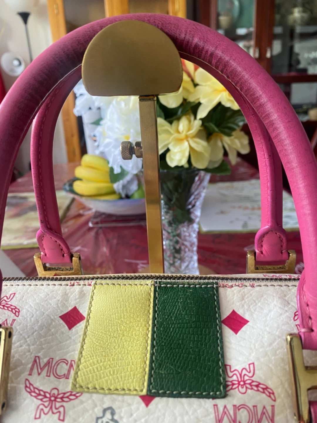 MCM White Monogrammed Boston Bag with Pink Handles - photo 3