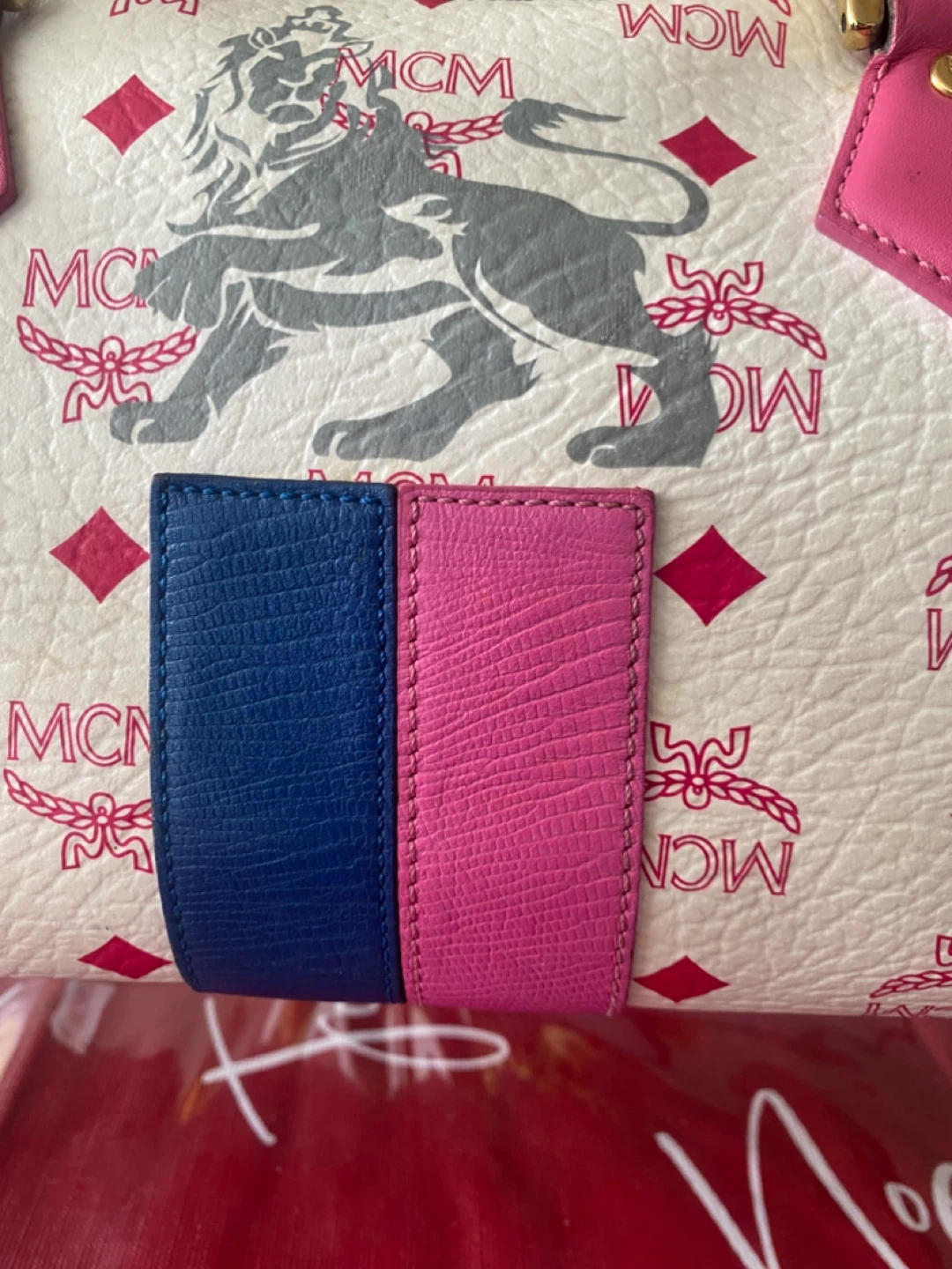 MCM White Monogrammed Boston Bag with Pink Handles - photo 2