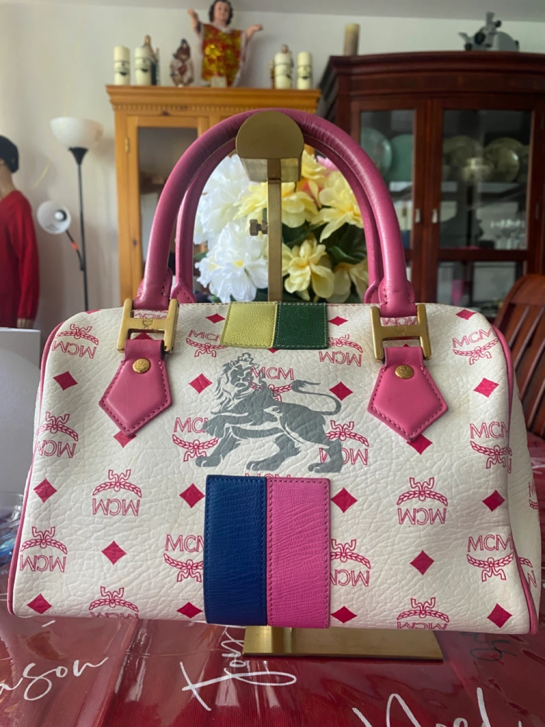 MCM White Monogrammed Boston Bag with Pink Handles