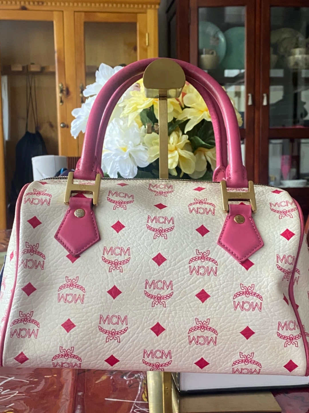MCM White Monogrammed Boston Bag with Pink Handles - photo 5