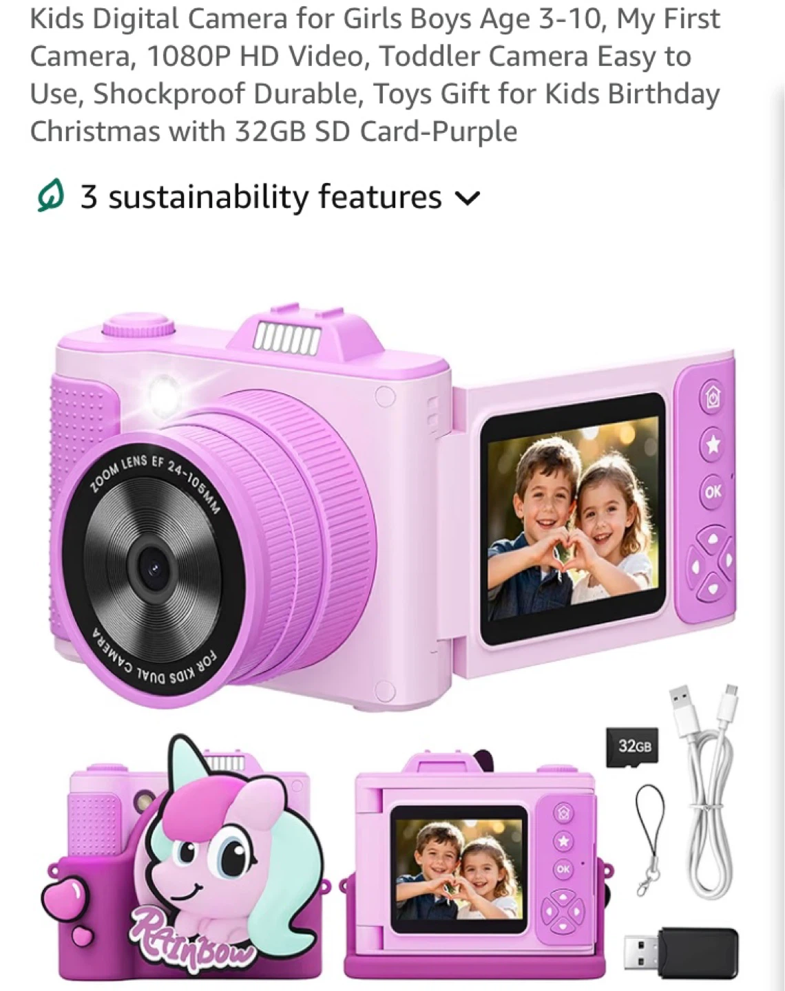 Kids Digital Camera 1080P HD Video Shockproof Purple w/ 32GB
