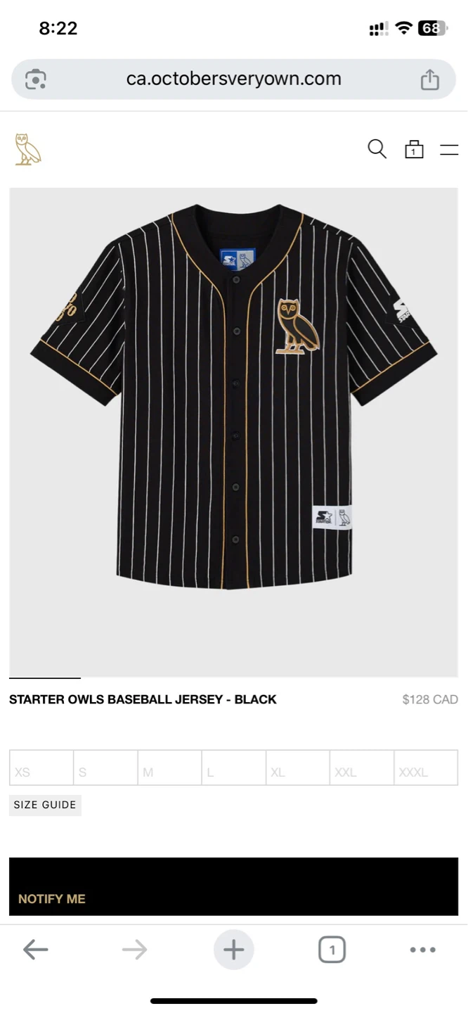 Starter x OVO "Owls" Baseball Jersey - XXL - photo 2