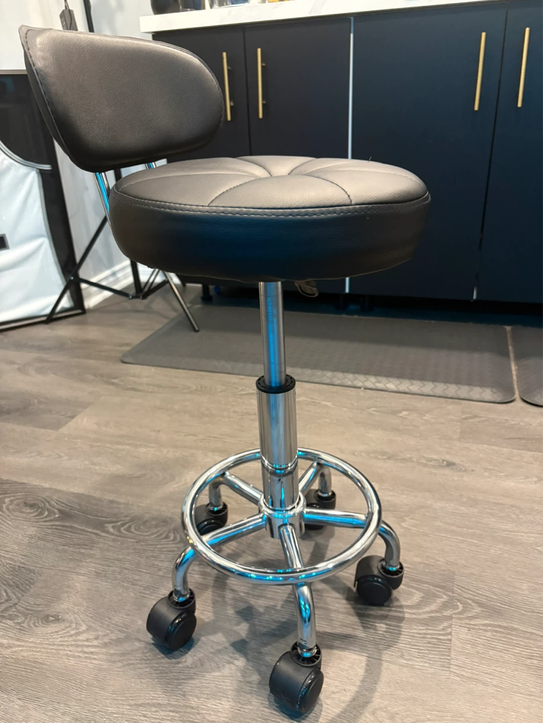 Black Rolling Stool with Backrest