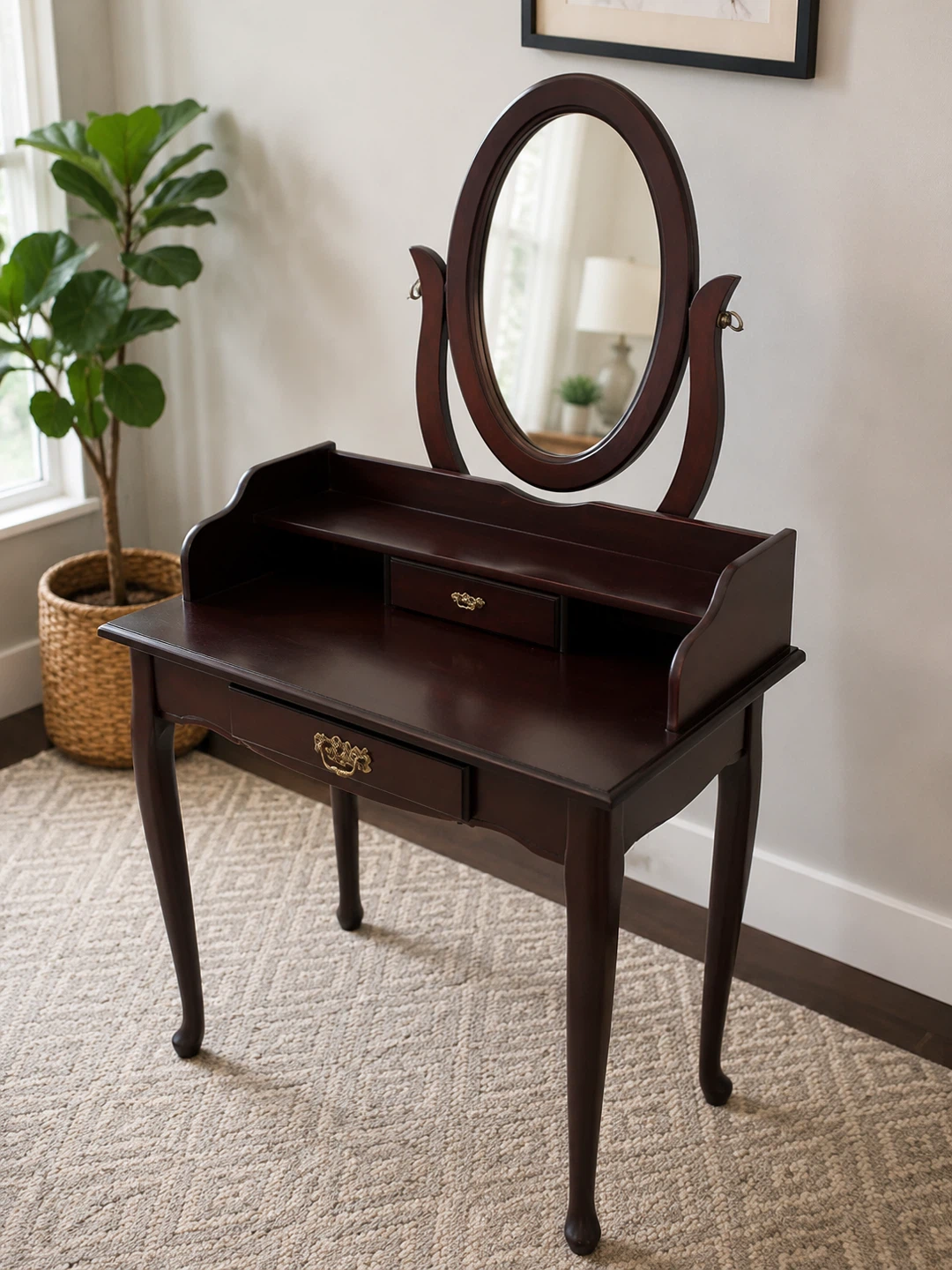 Dark Wood Vanity Table with Mirror and Stool - photo 2