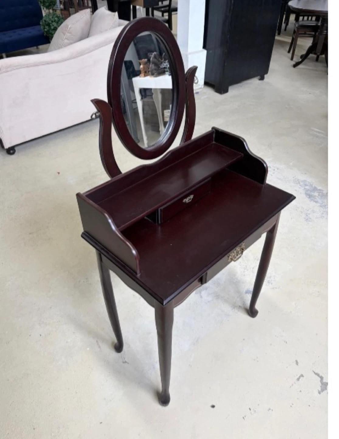 Dark Wood Vanity Table with Mirror and Stool - photo 4