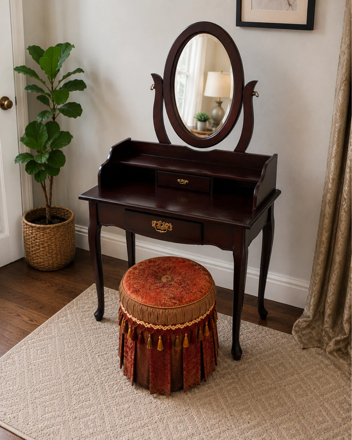 Dark Wood Vanity Table with Mirror and Stool