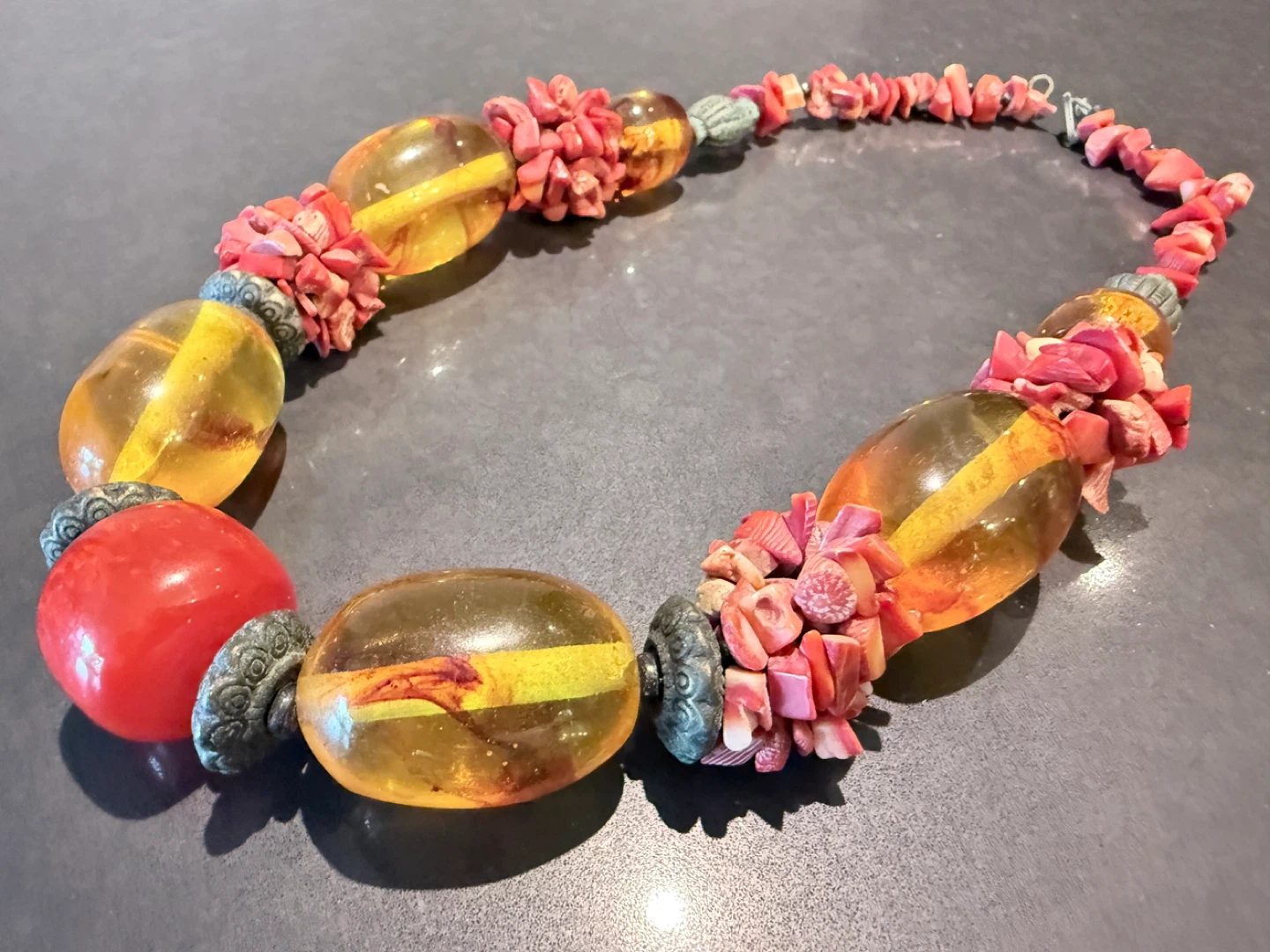 Chunky Statement Necklace with Amber and Coral Beads - photo 4