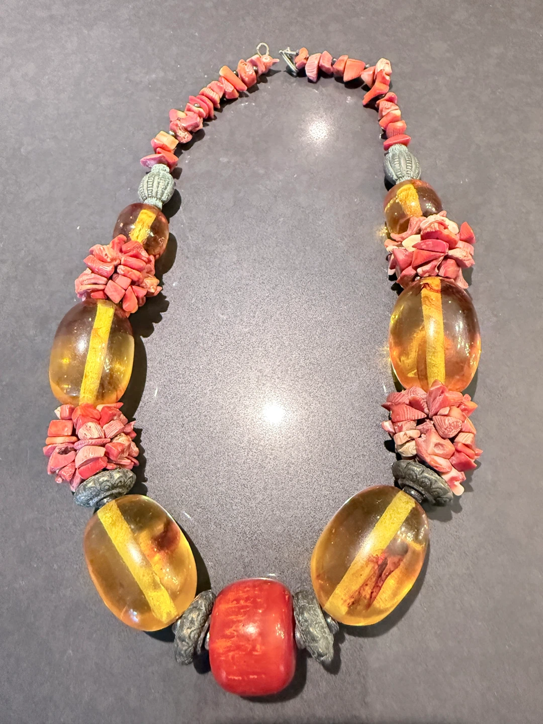 Chunky Statement Necklace with Amber and Coral Beads