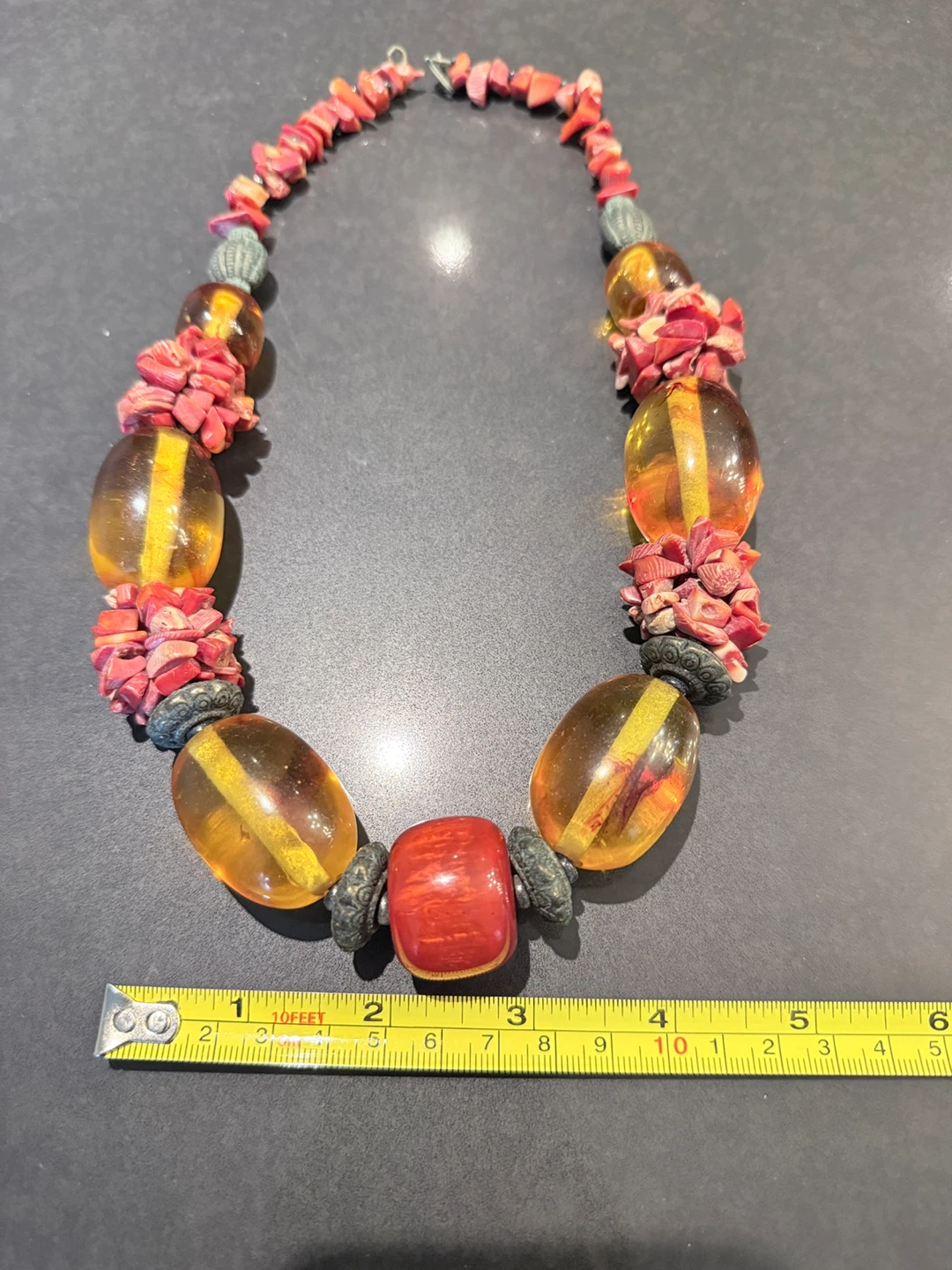 Chunky Statement Necklace with Amber and Coral Beads - photo 2