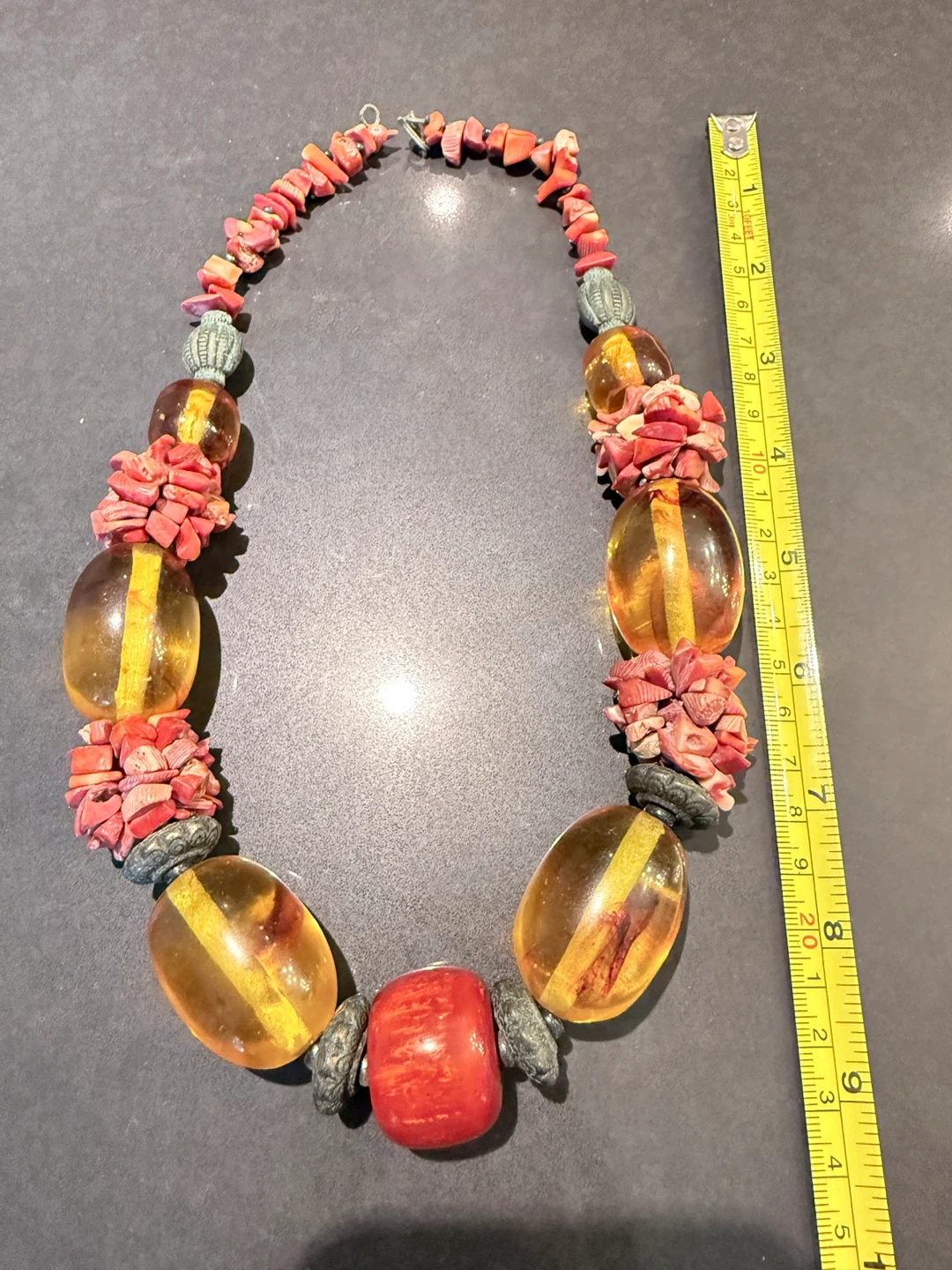 Chunky Statement Necklace with Amber and Coral Beads - photo 3