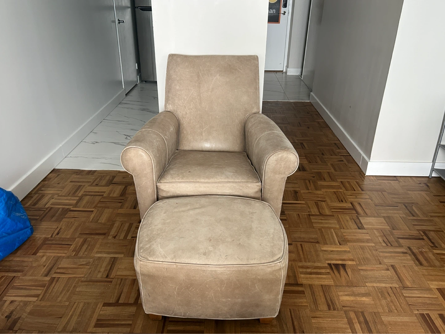 Tan Leather Armchair with Ottoman - photo 2