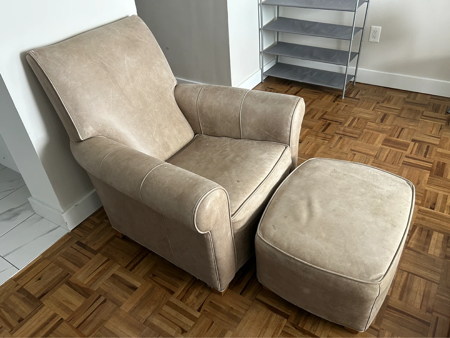Tan Leather Armchair with Ottoman