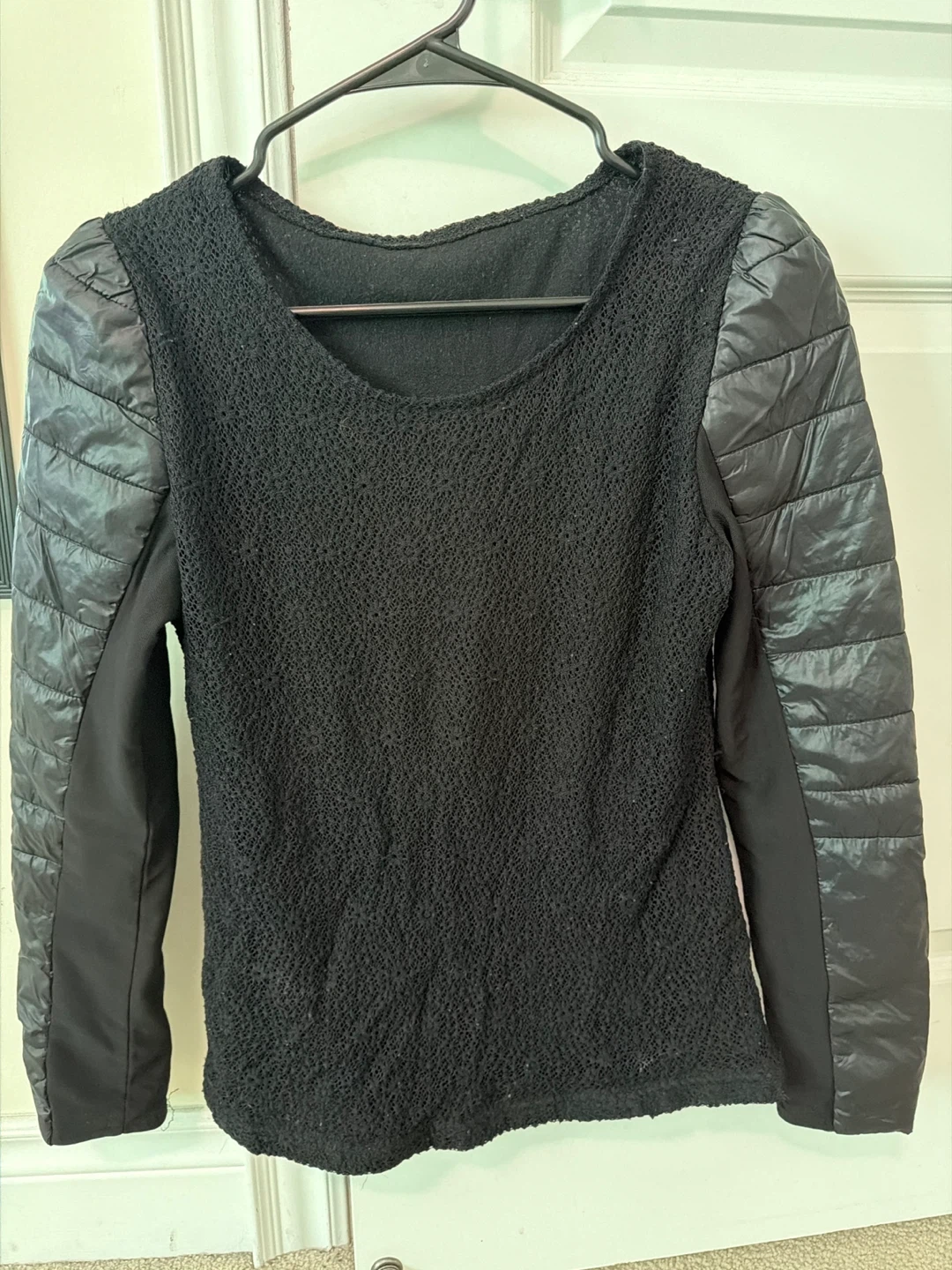 Black Long Sleeve Top with Quilted Sleeves