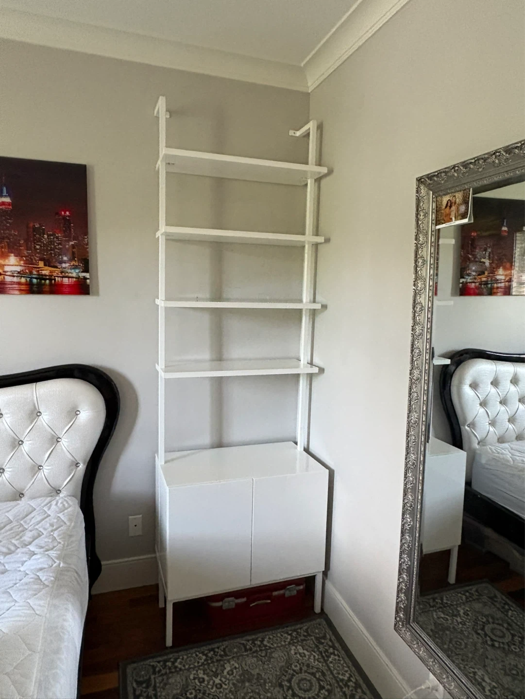 2 White Ladder shelves with Cabinet and desktop
