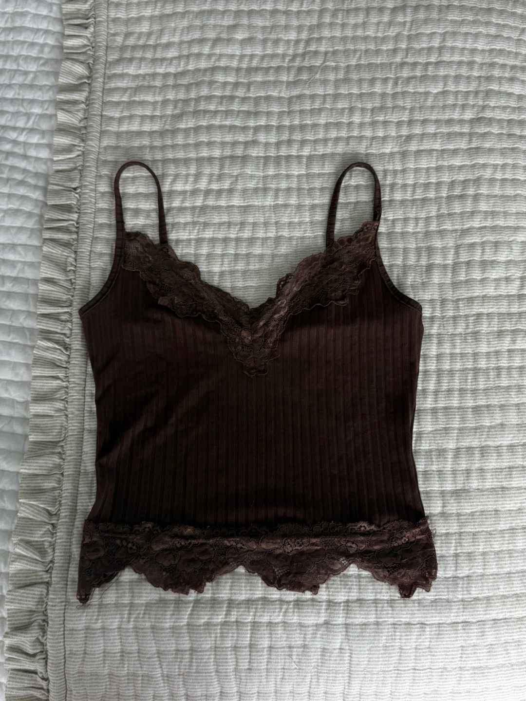 Brown Ribbed Camisole with Lace Trim