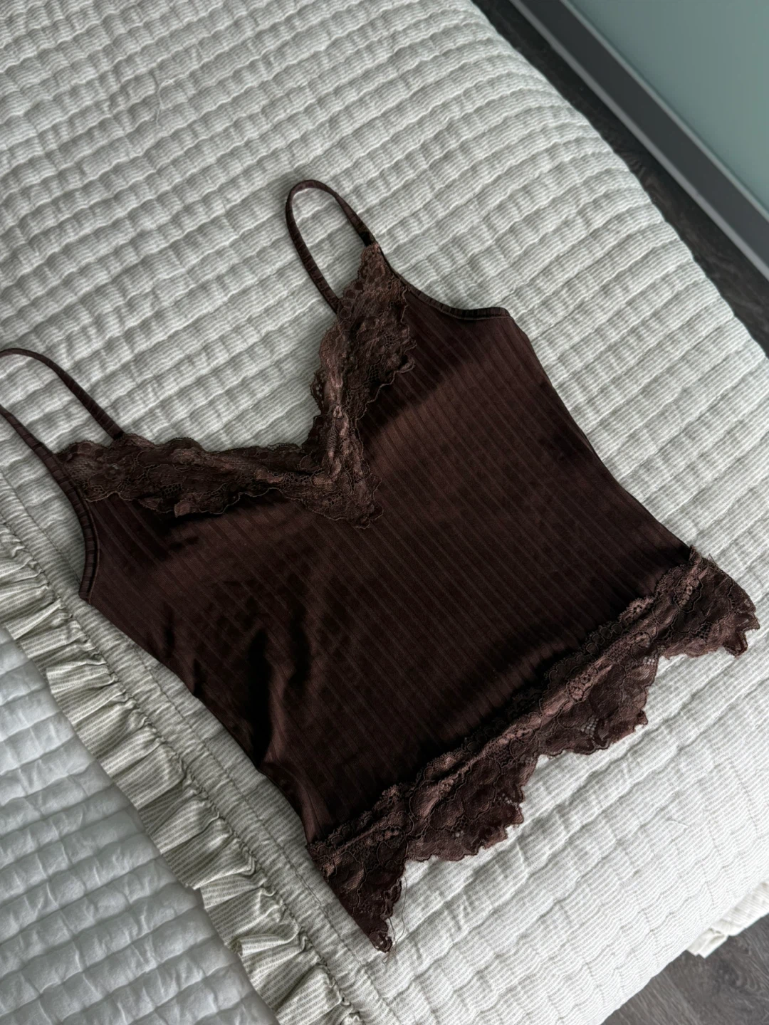 Brown Ribbed Camisole with Lace Trim - photo 2