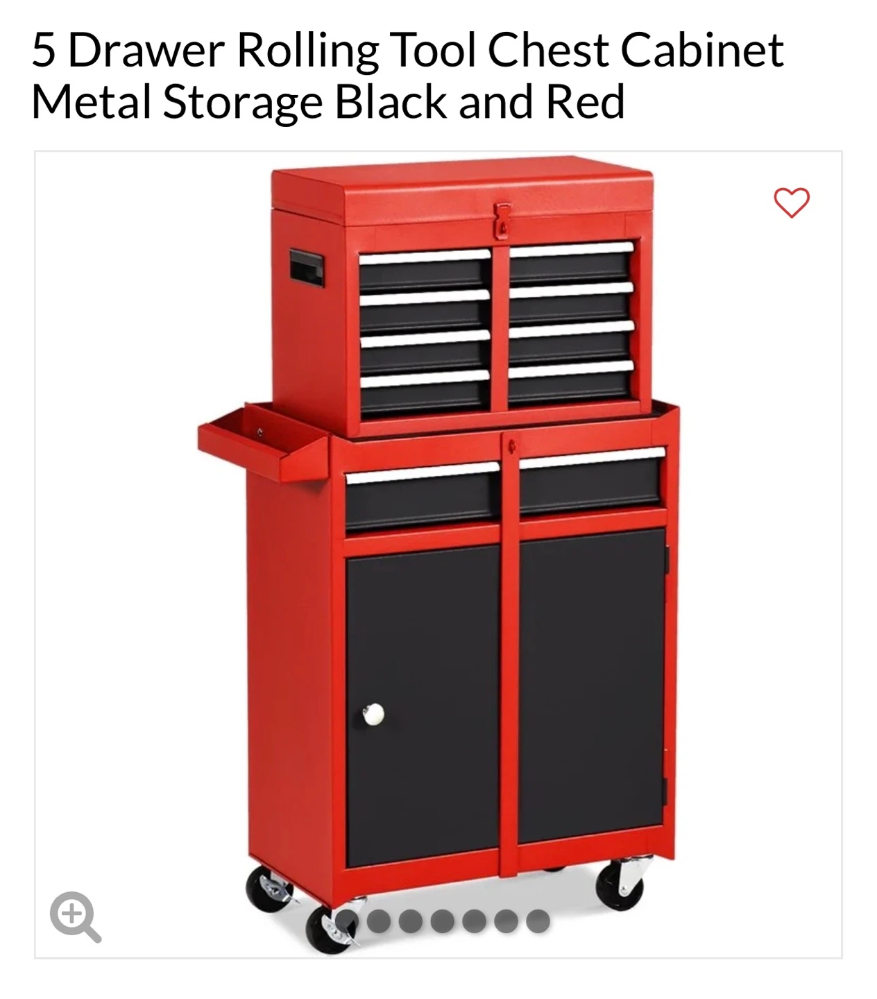 Rolling Tool Chest Cabinet - 5 Drawers, Red/Black Metal Storage