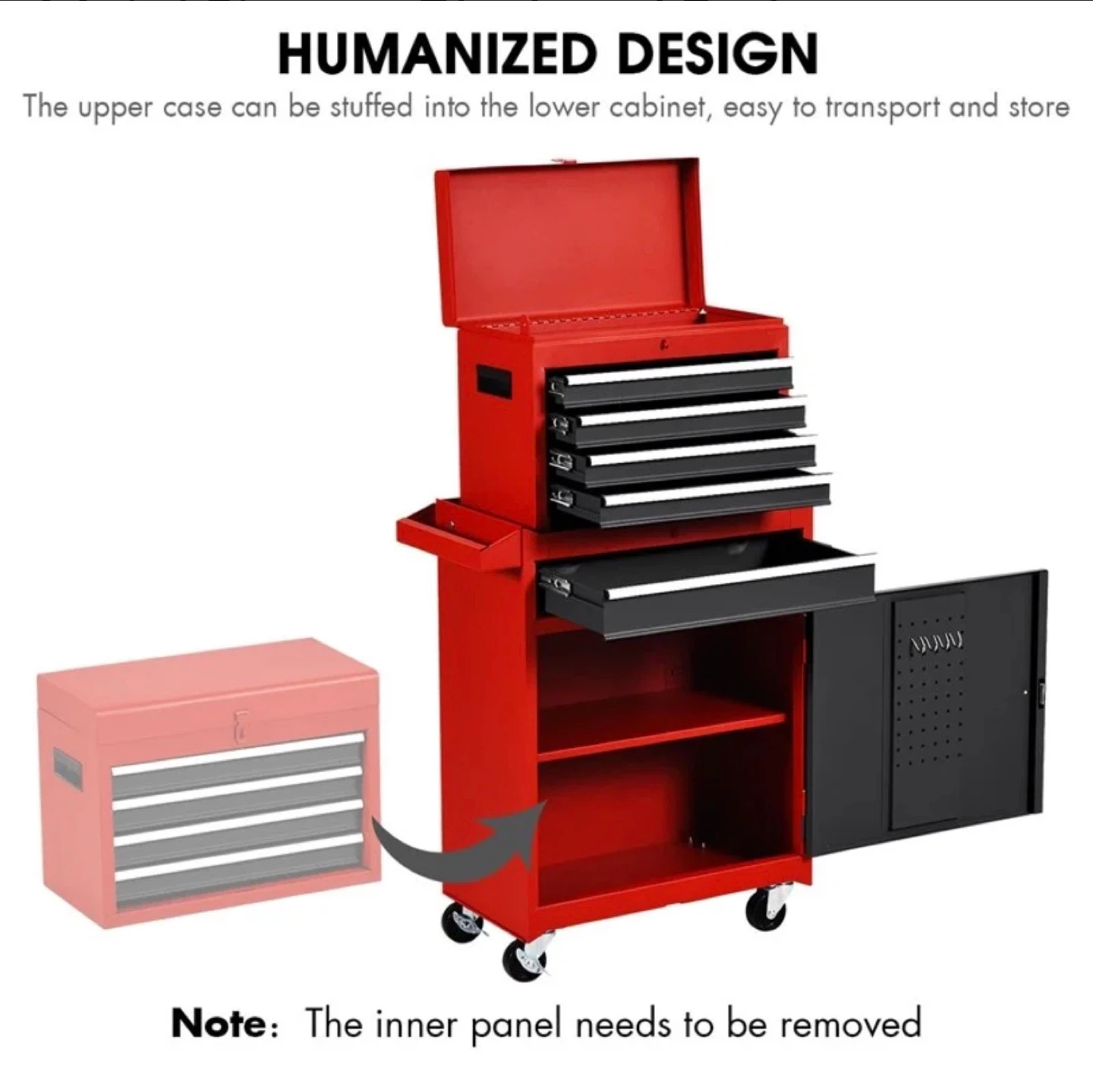 Rolling Tool Chest Cabinet - 5 Drawers, Red/Black Metal Storage - photo 5