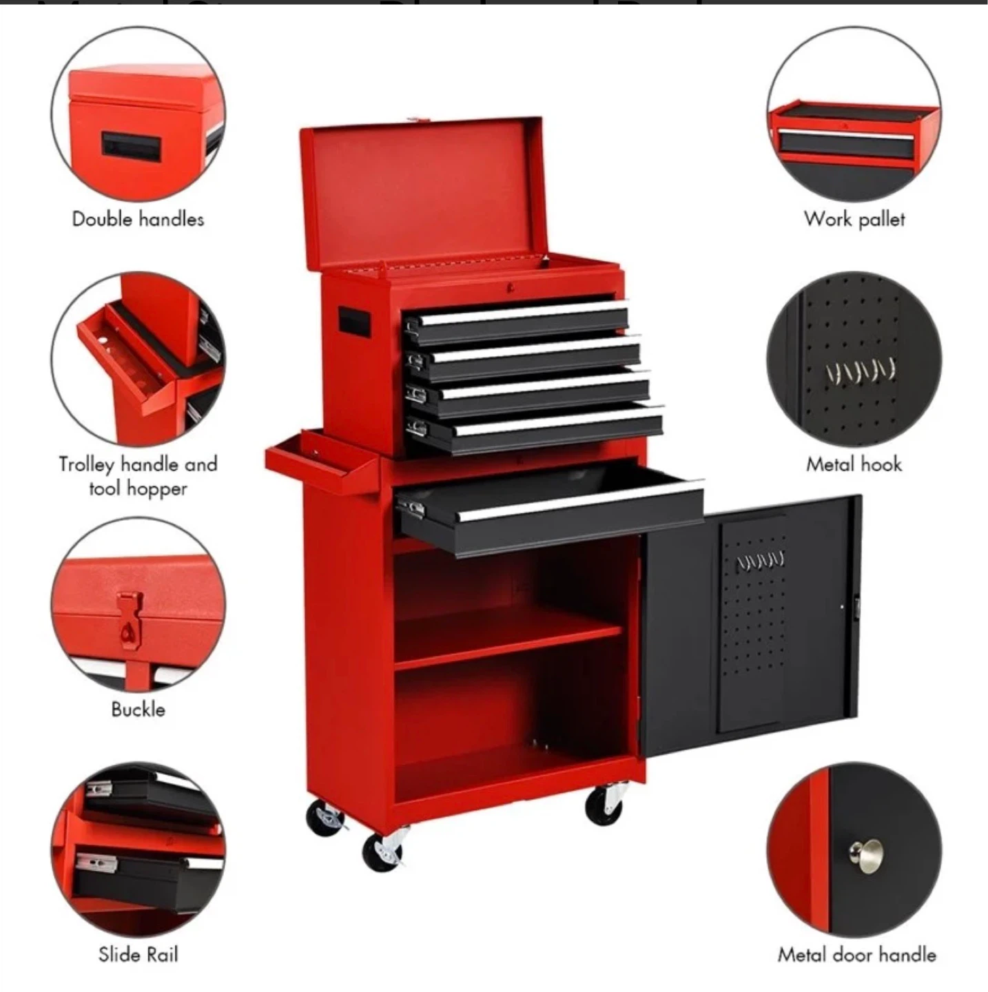 Rolling Tool Chest Cabinet - 5 Drawers, Red/Black Metal Storage - photo 3
