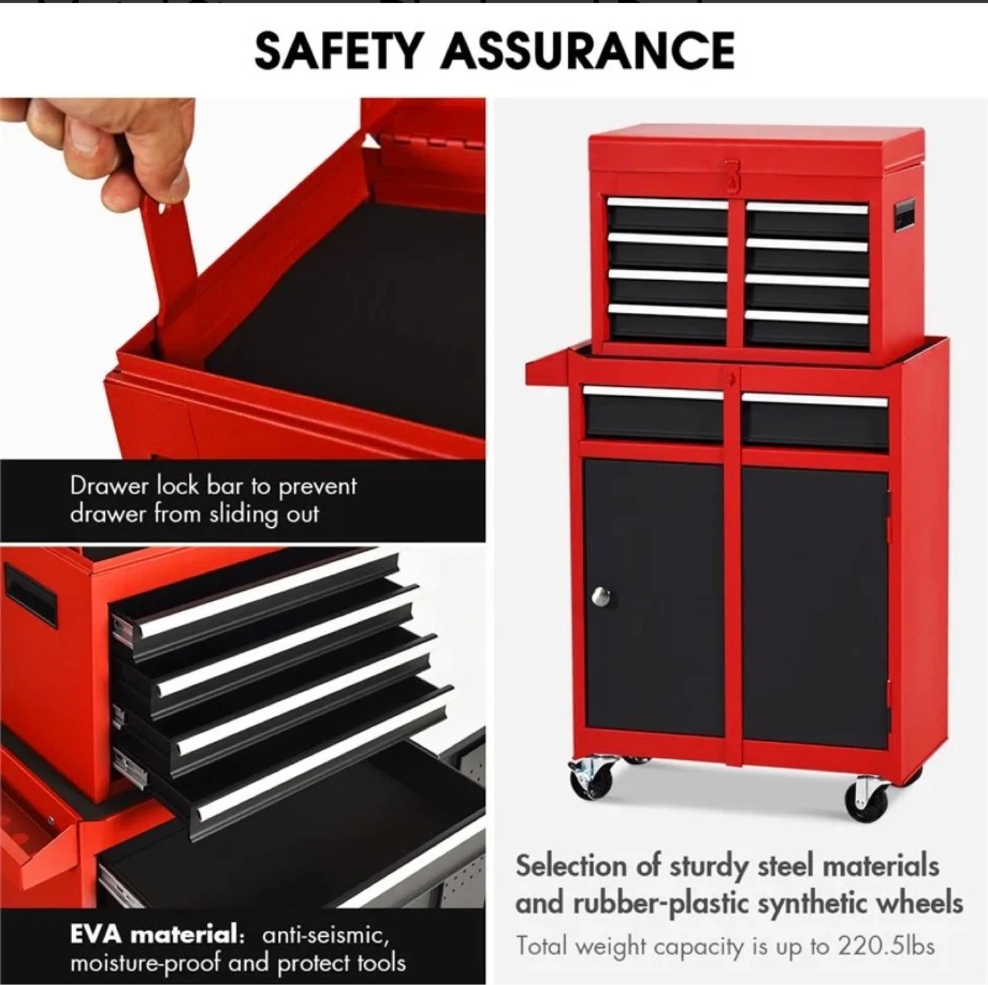 Rolling Tool Chest Cabinet - 5 Drawers, Red/Black Metal Storage - photo 2