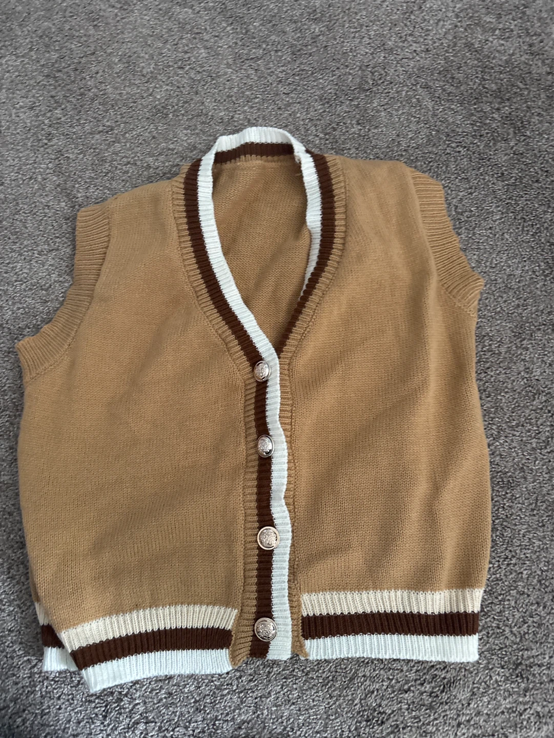 Tan Sweater Vest with Stripes and Buttons