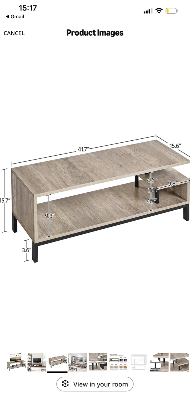 TV stand — rustic wood look, 2 shelves, good condition