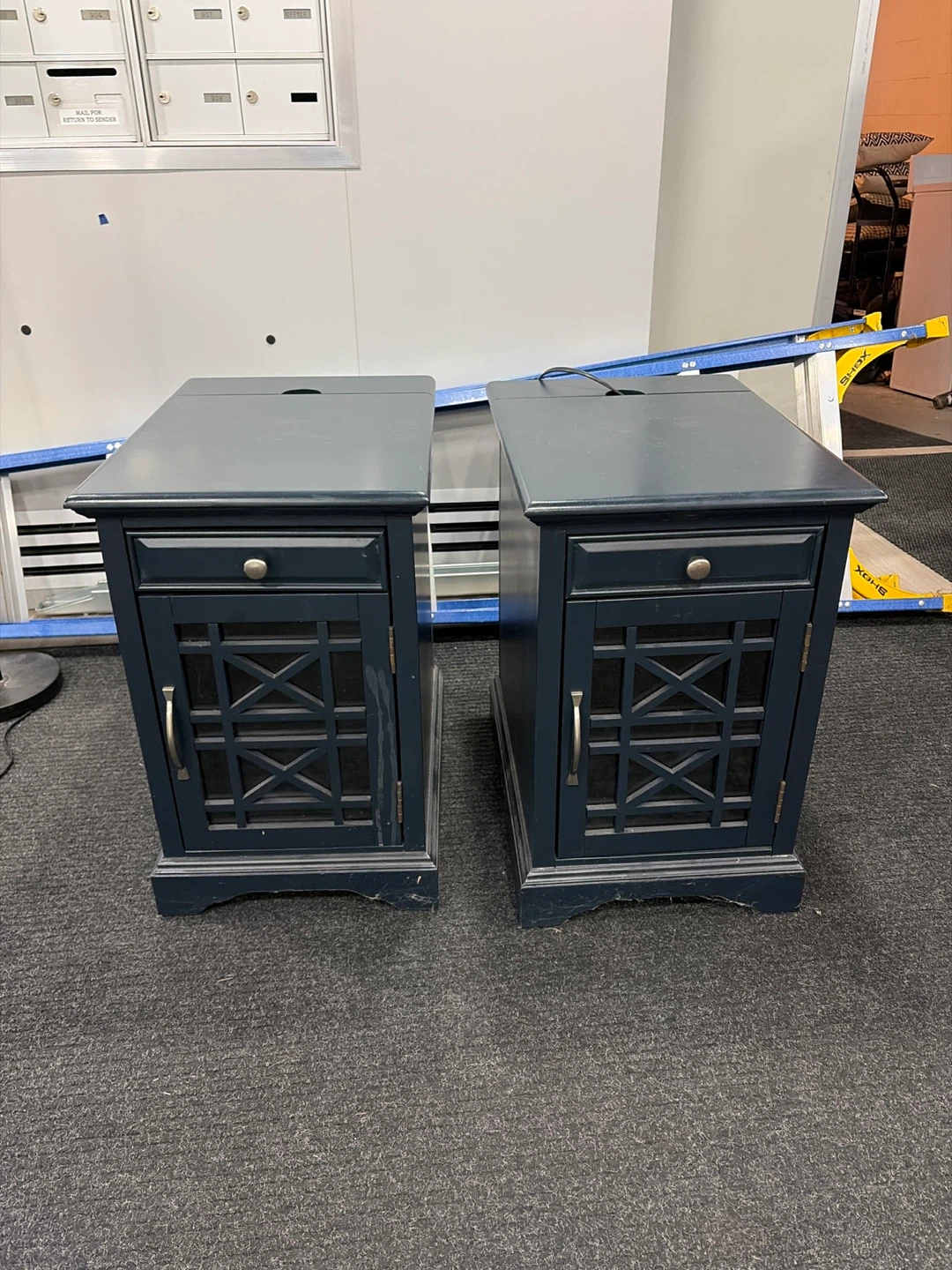 Dark Blue Nightstand with Drawer and Cabinet