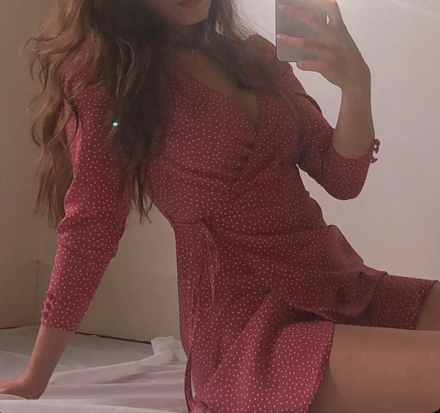 Pink polka dot wrap dress