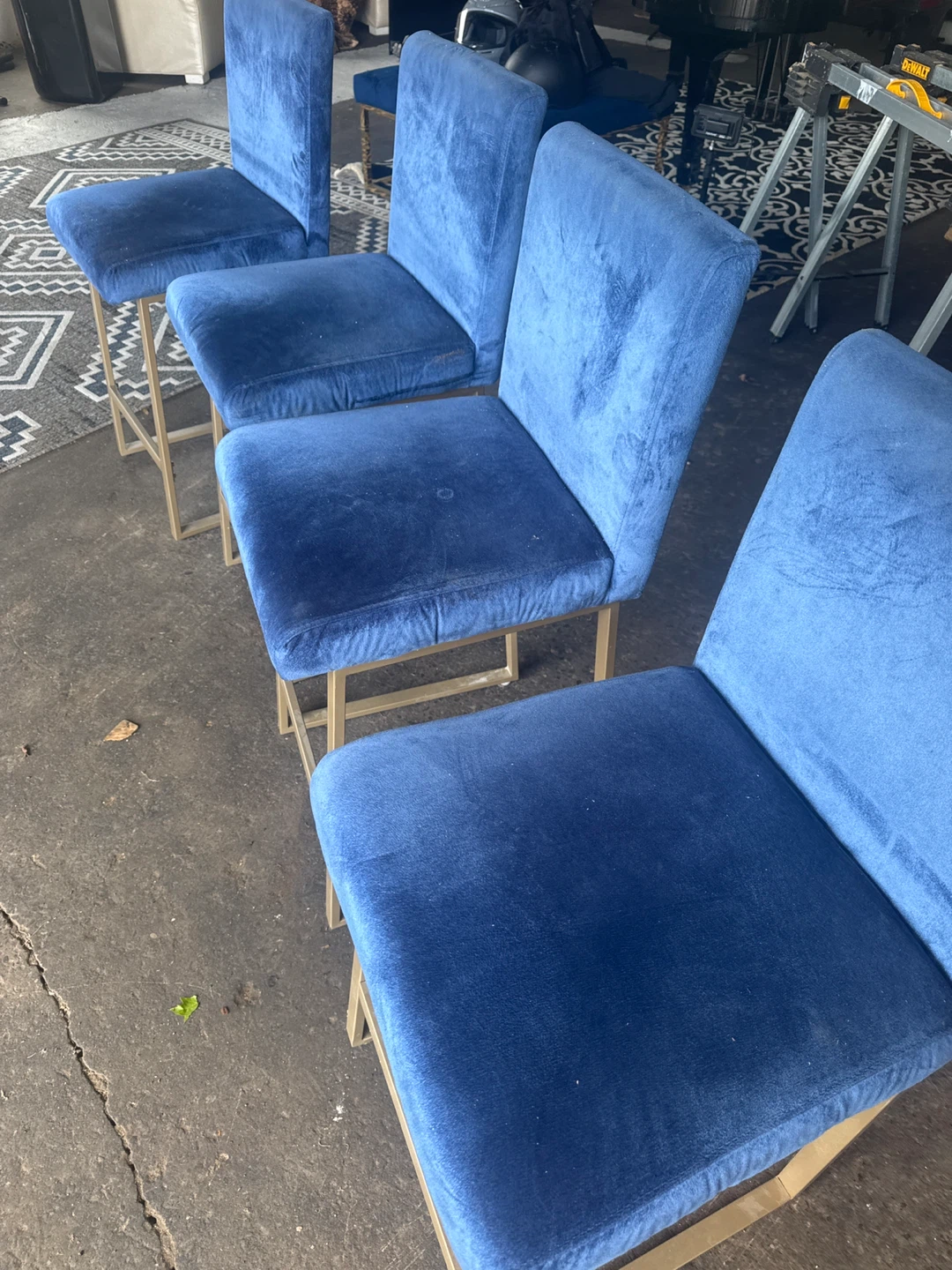 Set of 4 Blue Velvet Bar Stools