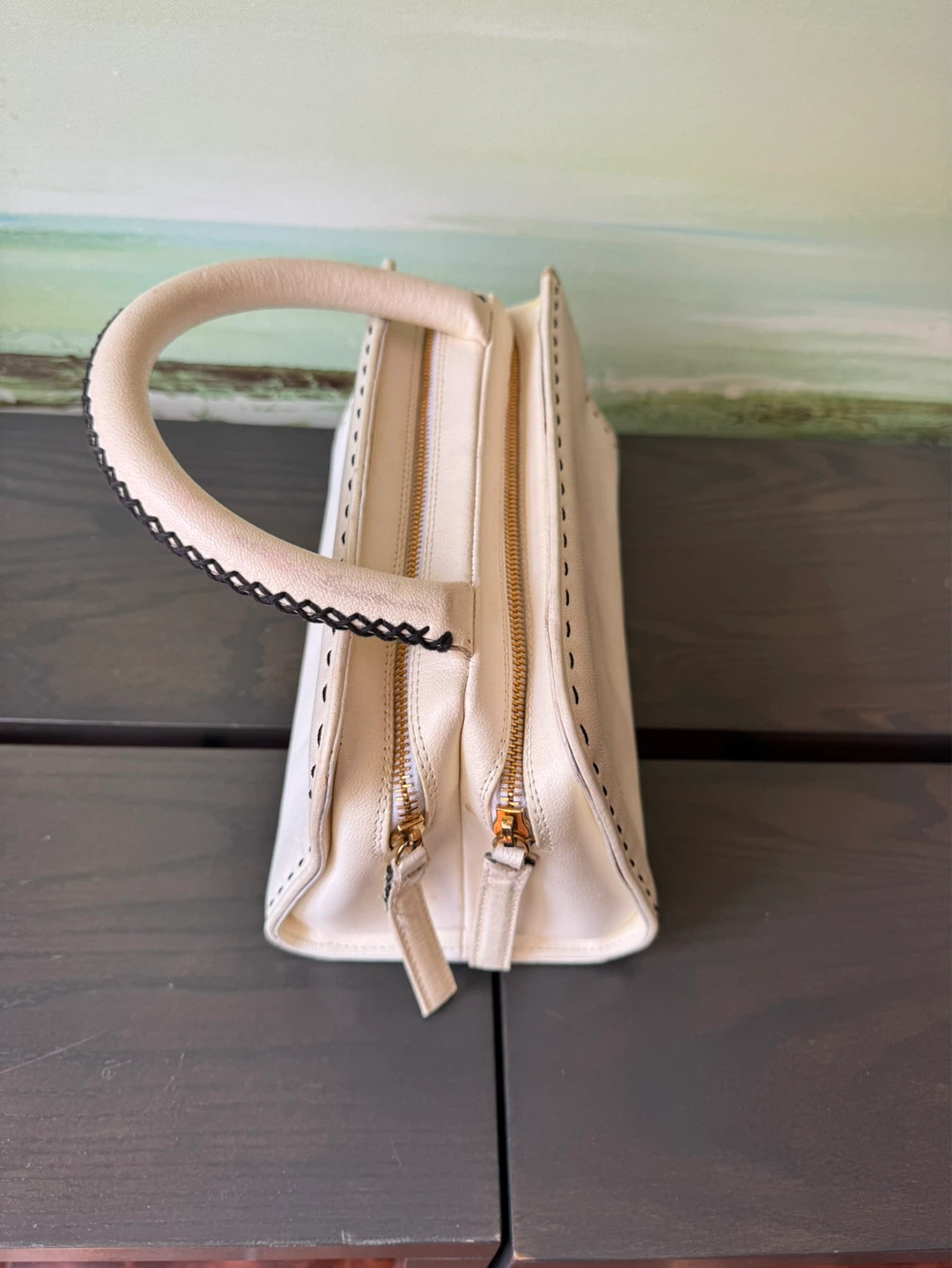 Designer White Leather Satchel Handbag