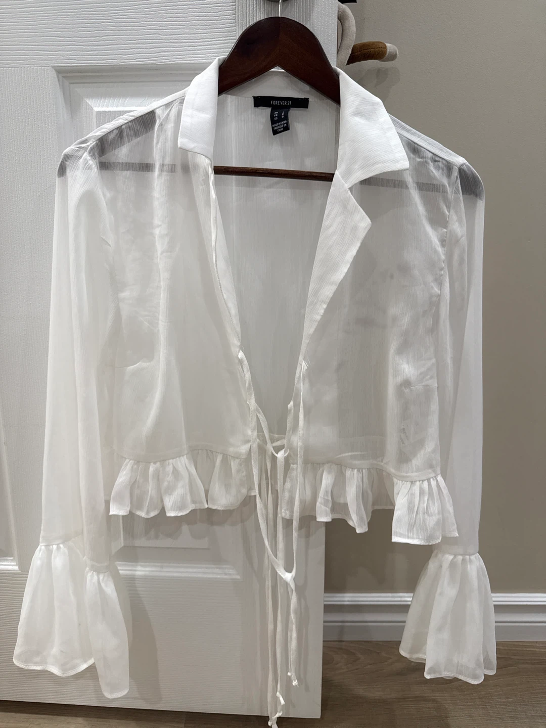Forever 21 White Sheer Ruffle Tie Front Blouse