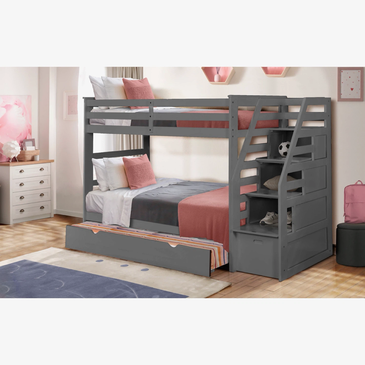 Gray Twin Bunk Bed with Storage Stairs and Trundle - photo 3