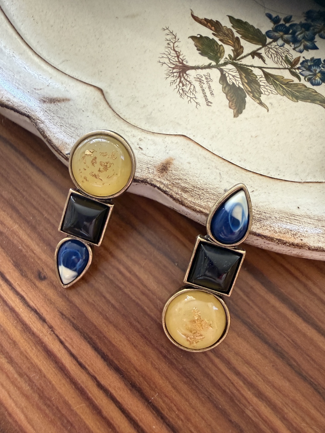Gold-tone Geometric Earrings with Yellow and Blue Accents