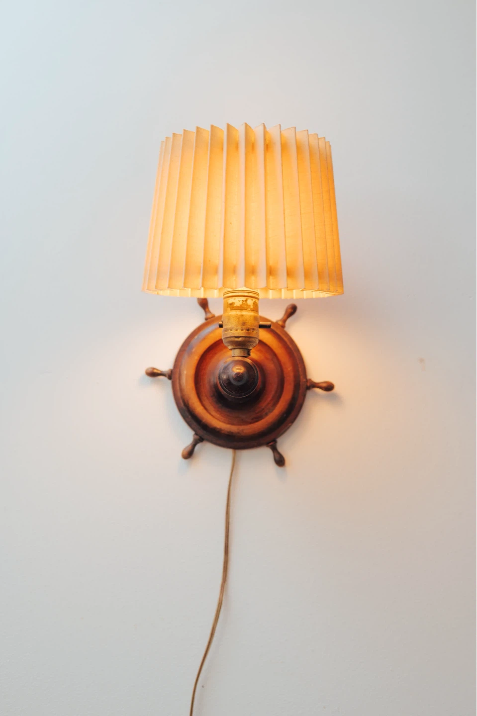 Nautical Vintage Wood Wall Sconce with Pleated Shade - photo 2