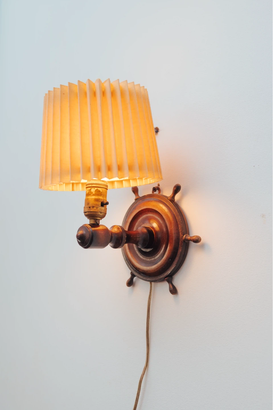 Nautical Vintage Wood Wall Sconce with Pleated Shade