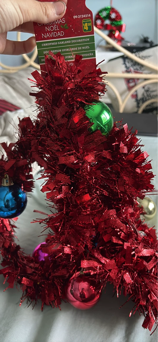 Christmas garland with ornaments tags on
