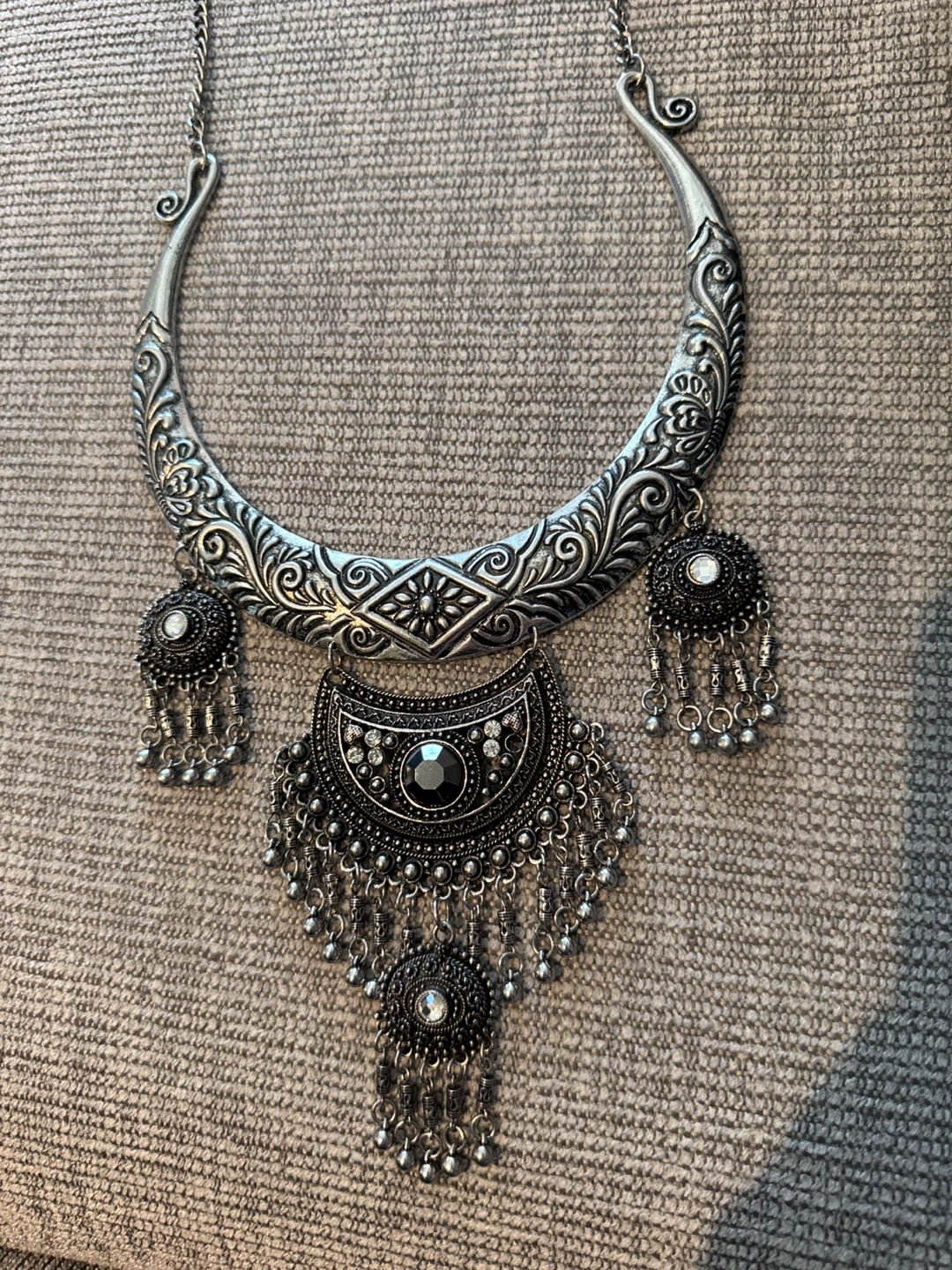 Oxidized silver maxi bib necklace