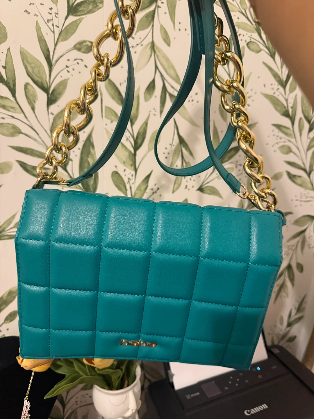 Bebe Teal Quilted Chain Shoulder Bag