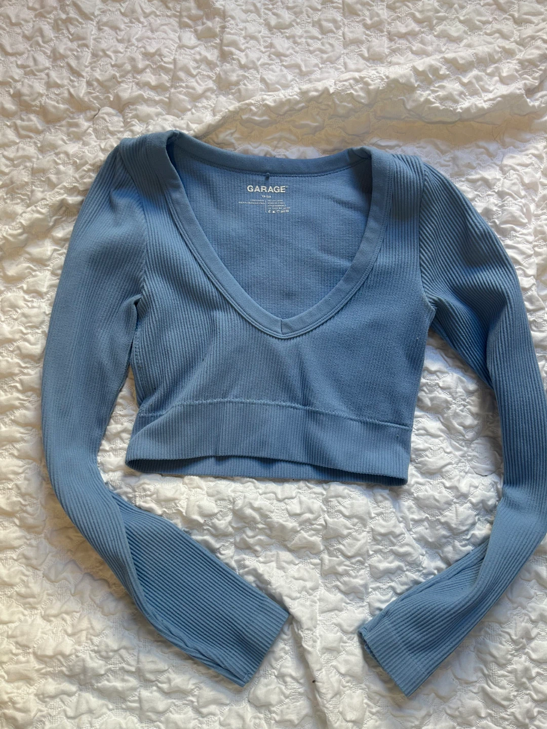 Garage Blue Ribbed V-Neck Long Sleeve Top