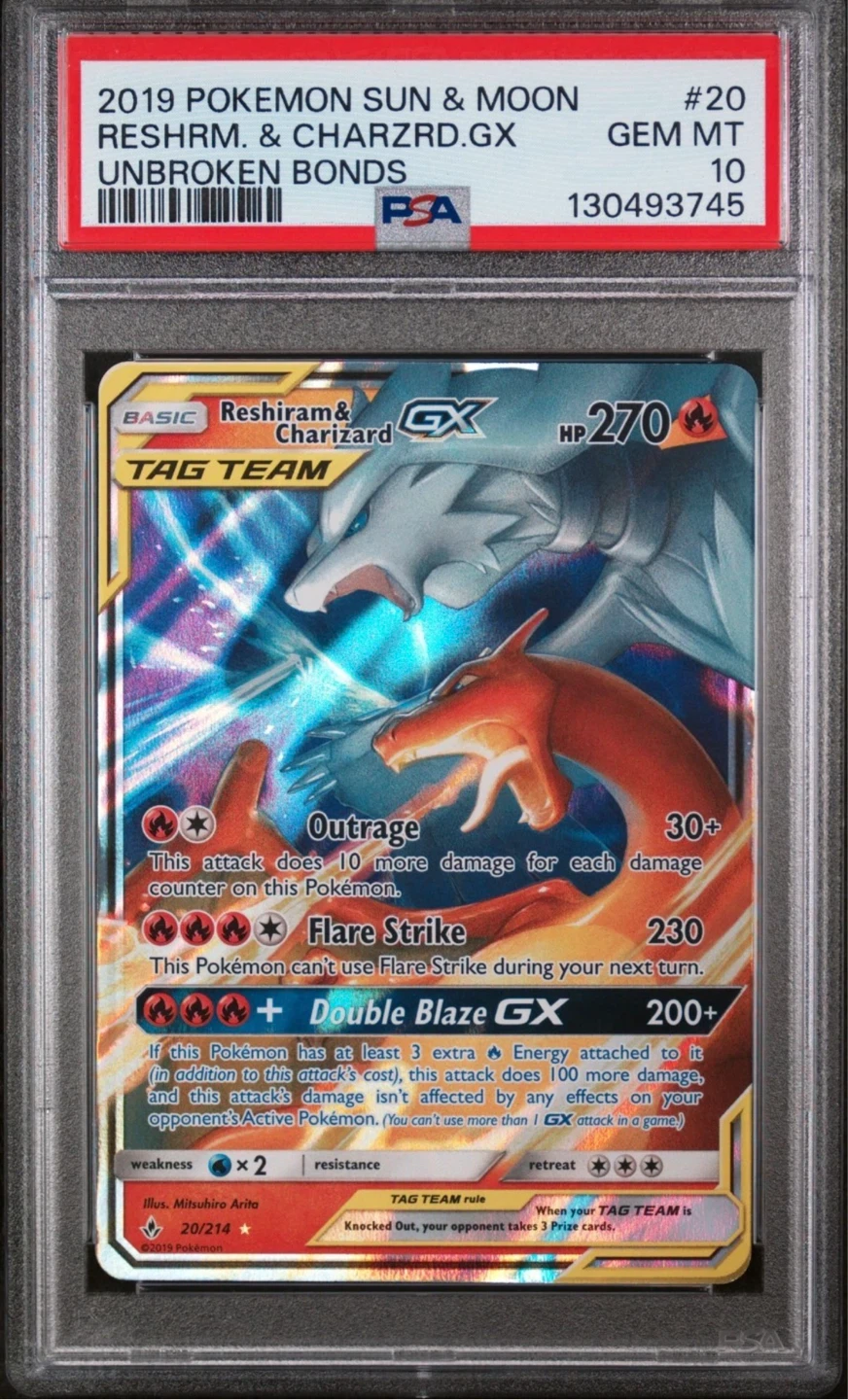 2019 Pokemon Sun & Moon Reshiram & Charizard GX Tag Team Card