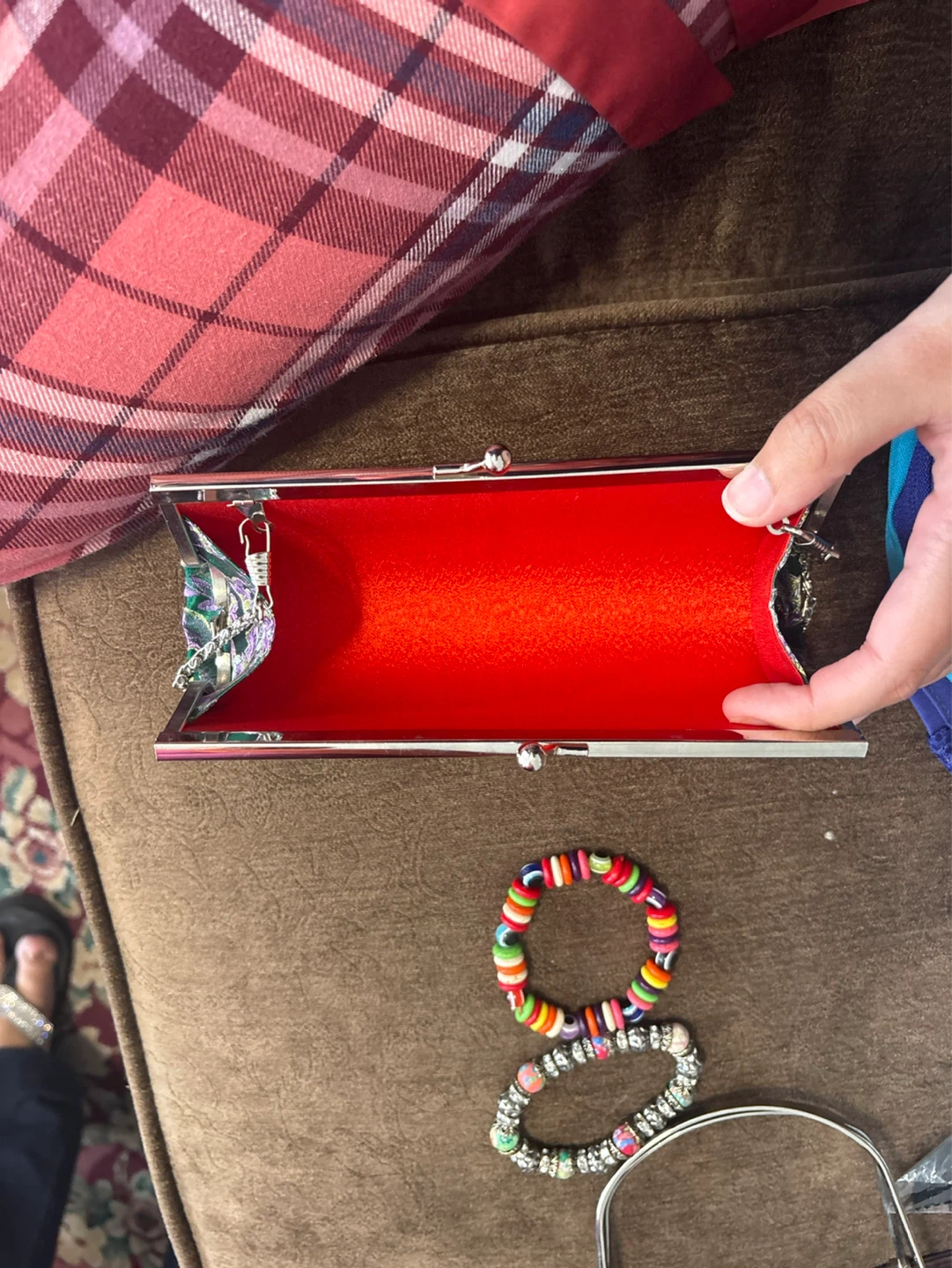 Green Brocade Clutch with Silver Chain - photo 3