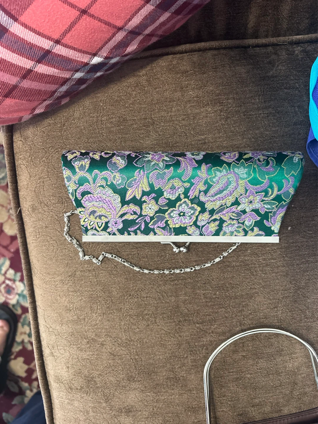 Green Brocade Clutch with Silver Chain - photo 2