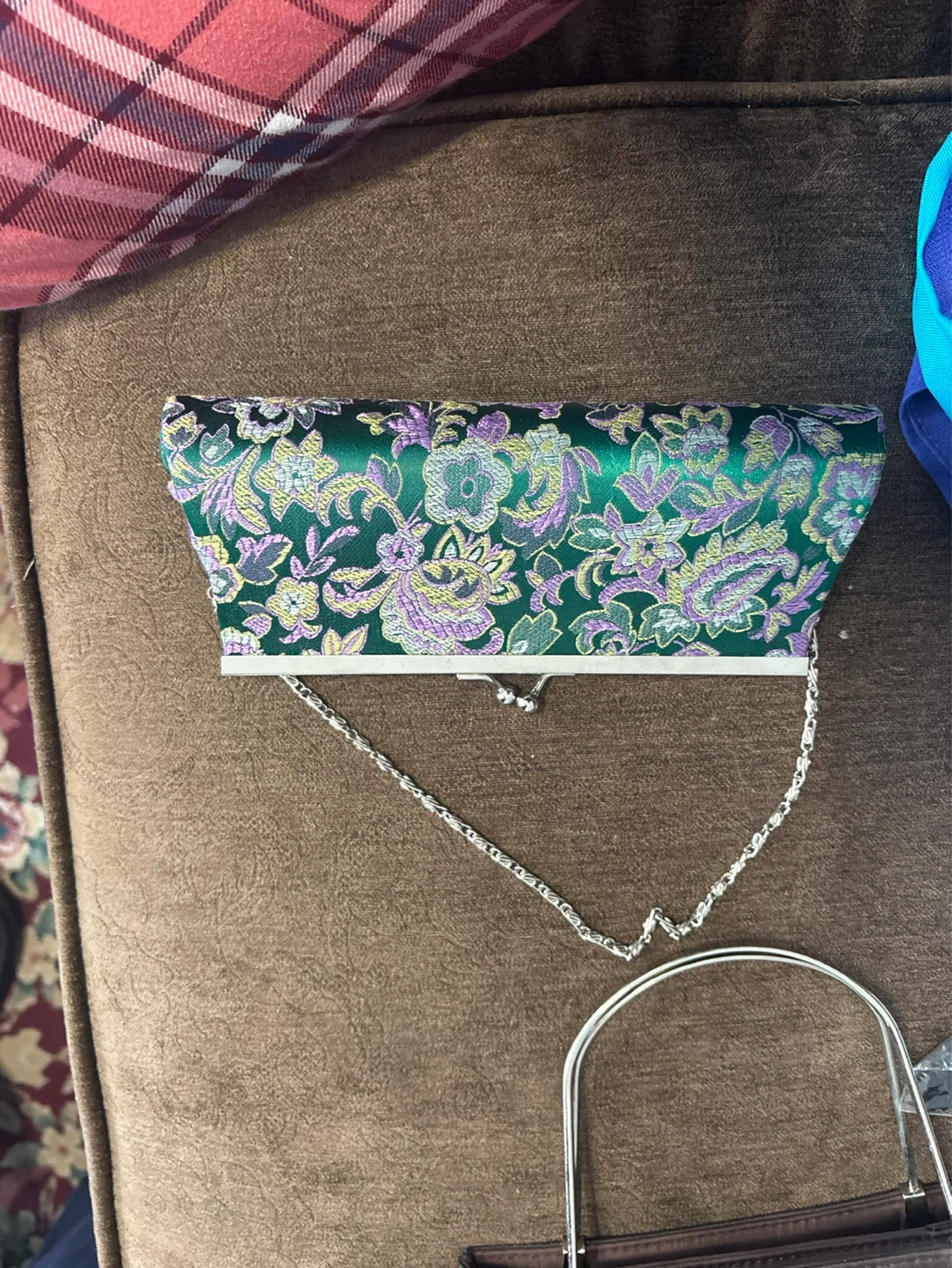 Green Brocade Clutch with Silver Chain