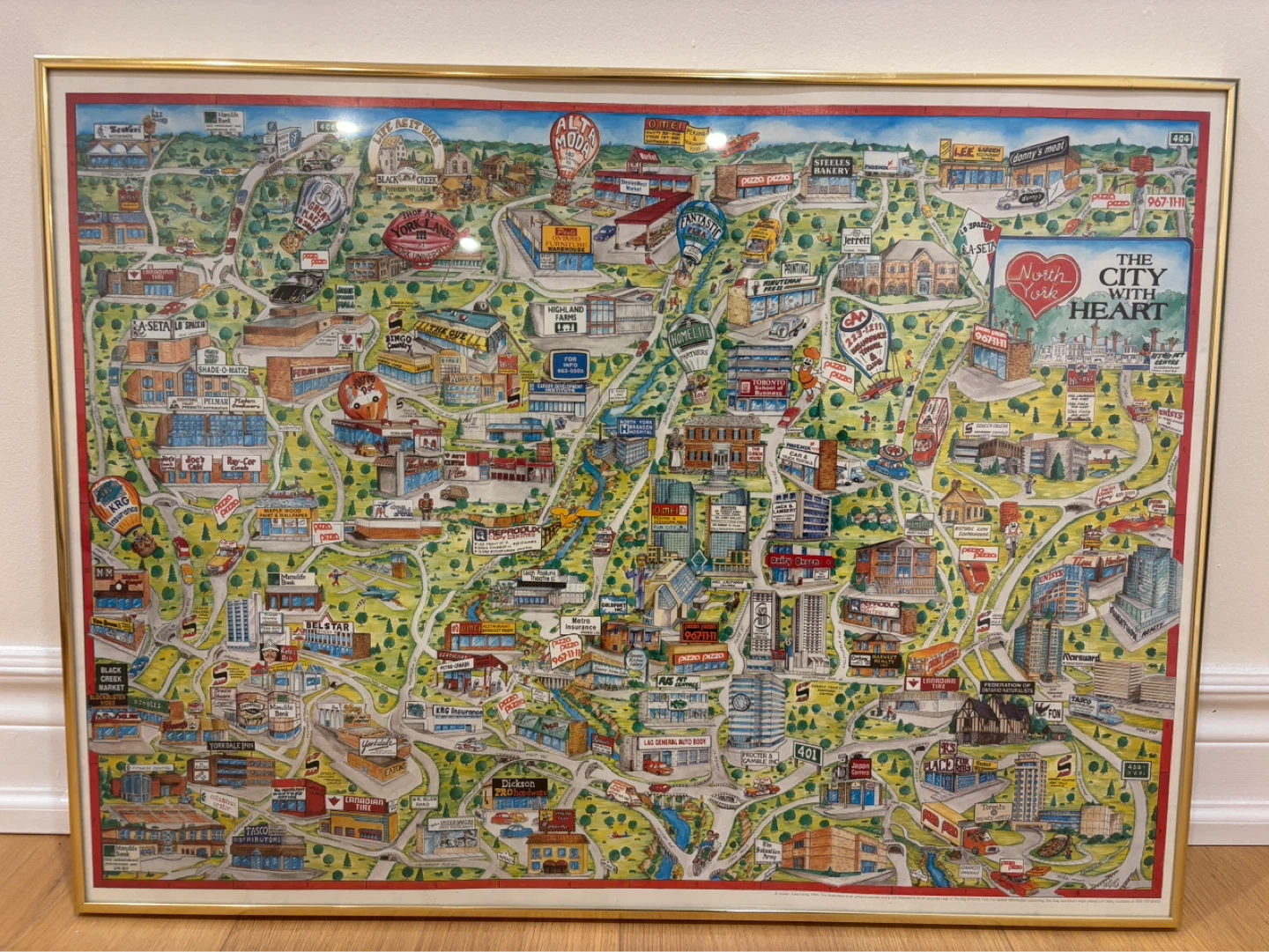 Vintage 1980s Framed North York "City With Heart" Cartoon Map