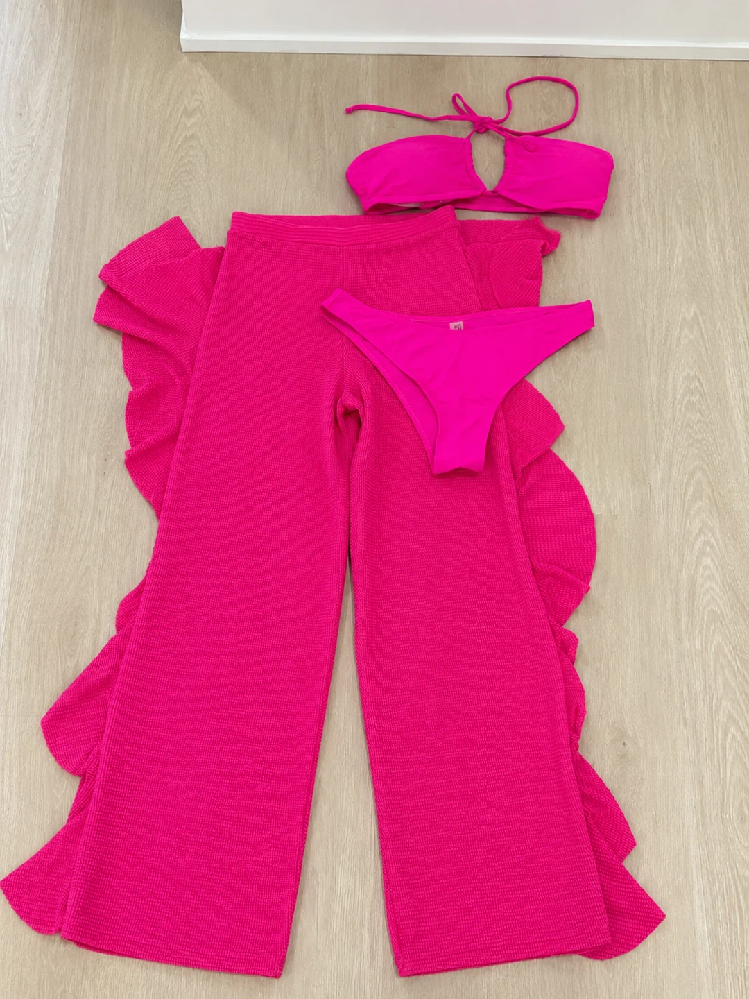 Hot Pink Ruffle Swimsuit Cover-up Pants & Bikini Set
