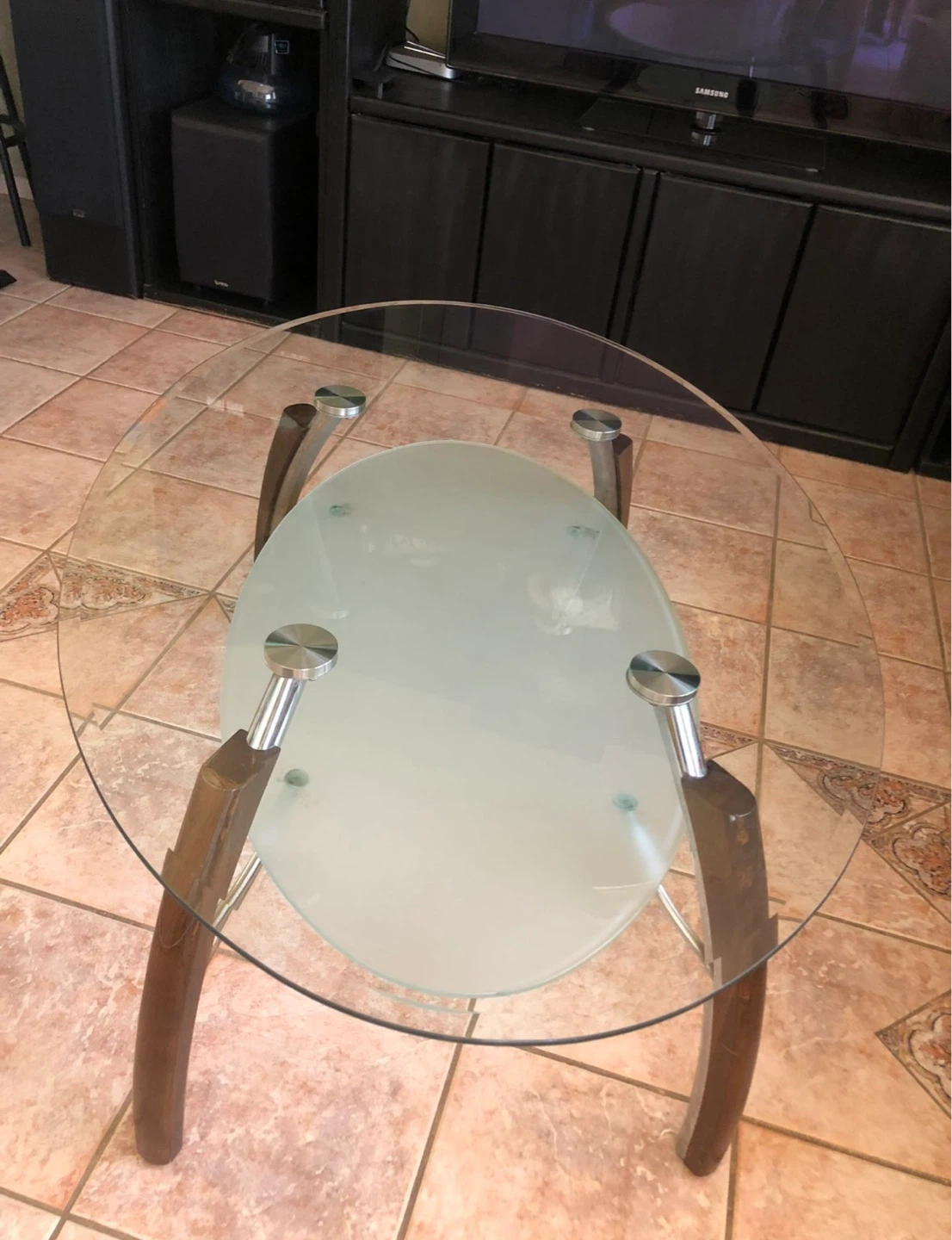 3 piece, Oval glass coffee table with two side tables