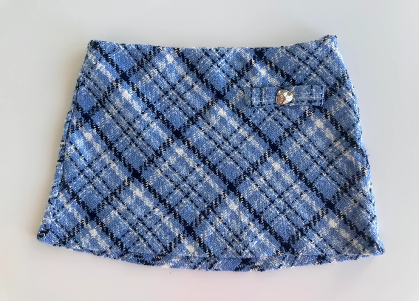 Blue Plaid Tweed Mini Skirt
