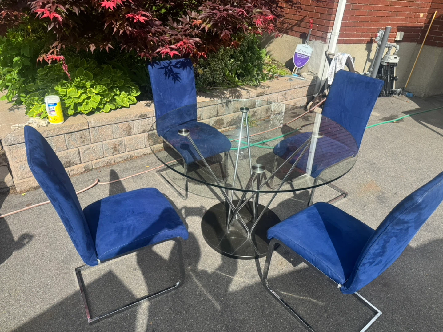 Glass Top Dining Table with 4 Blue Suede Chairs - photo 2