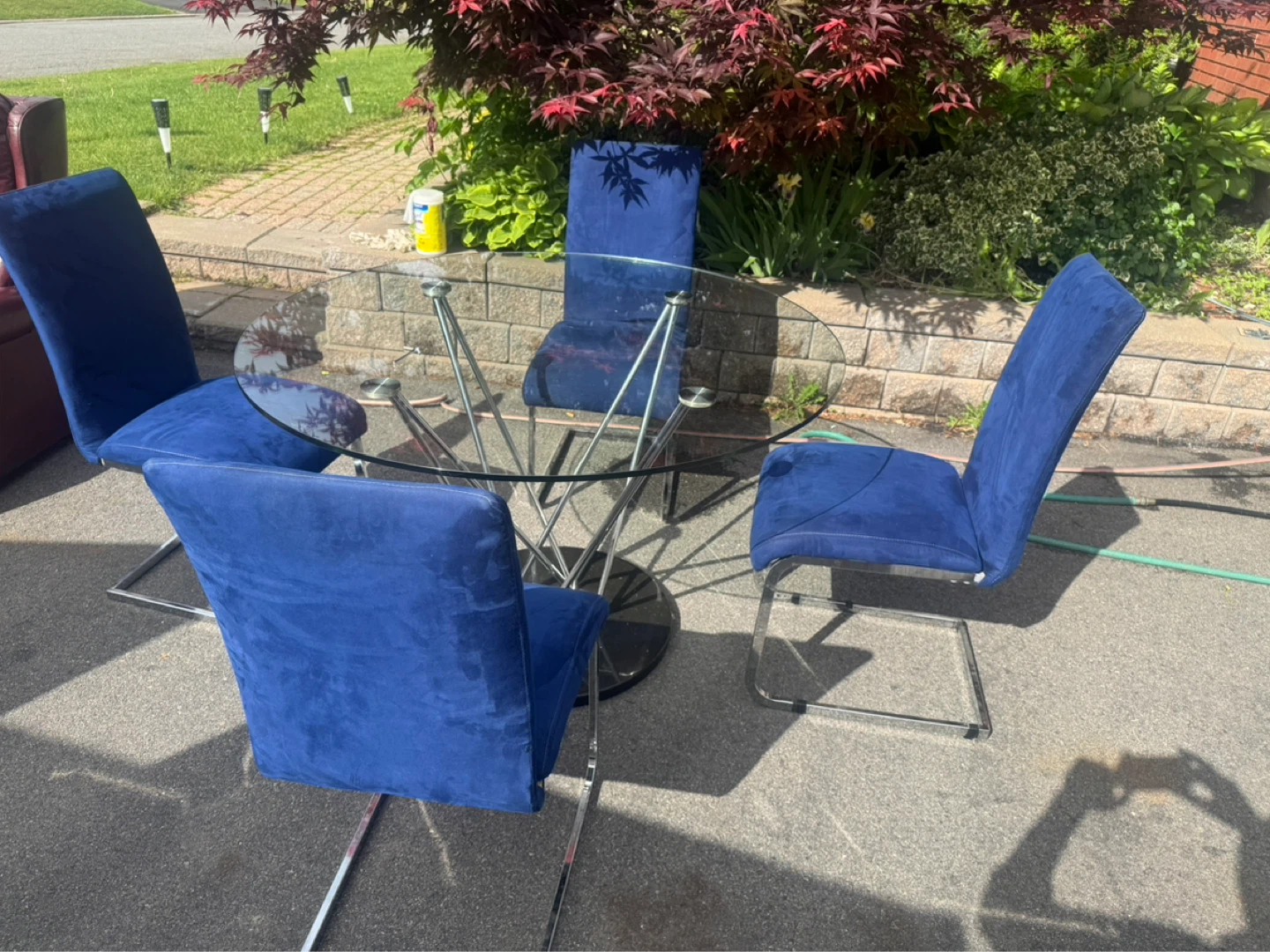 Glass Top Dining Table with 4 Blue Suede Chairs