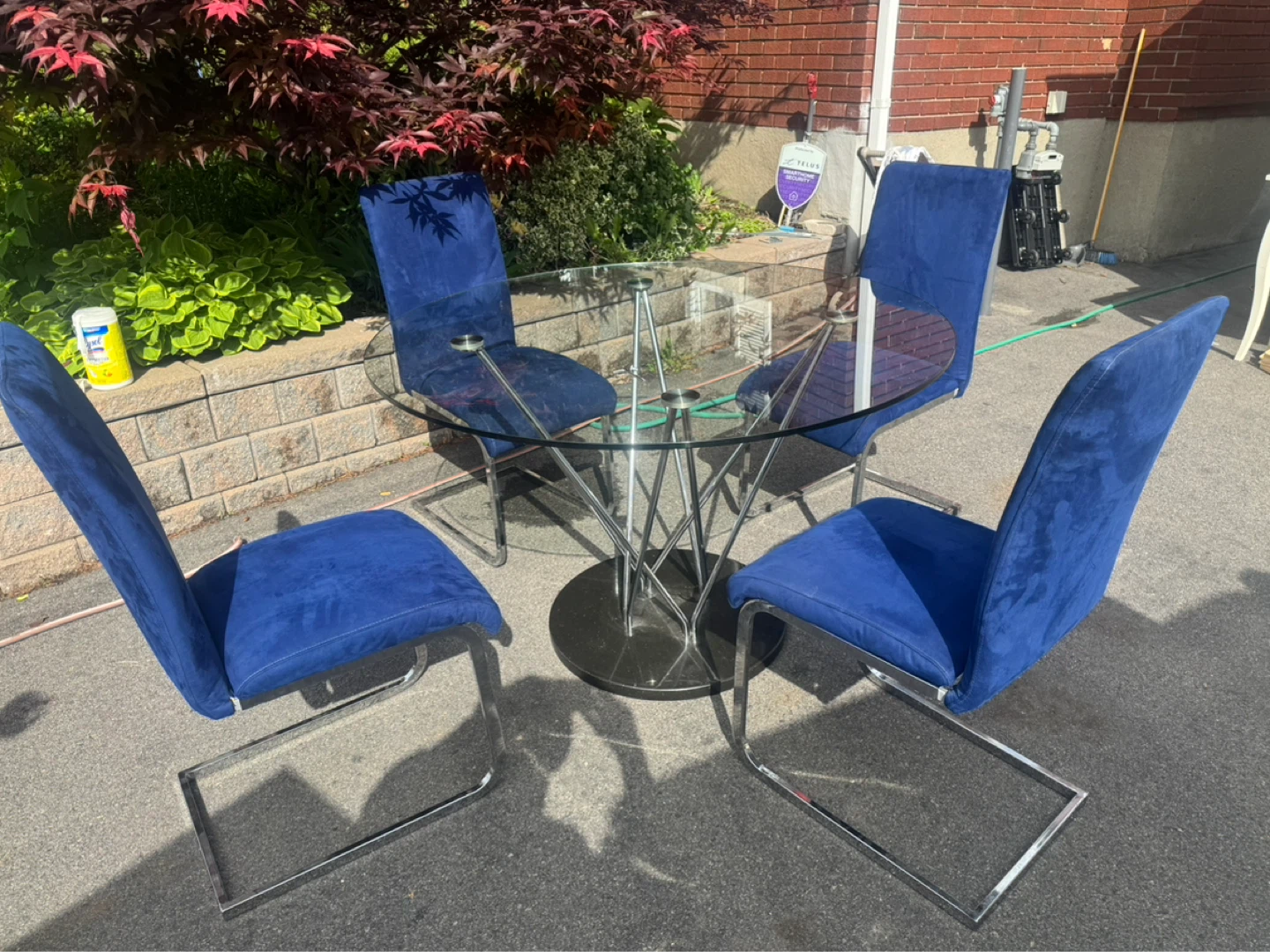 Glass Top Dining Table with 4 Blue Suede Chairs - photo 3